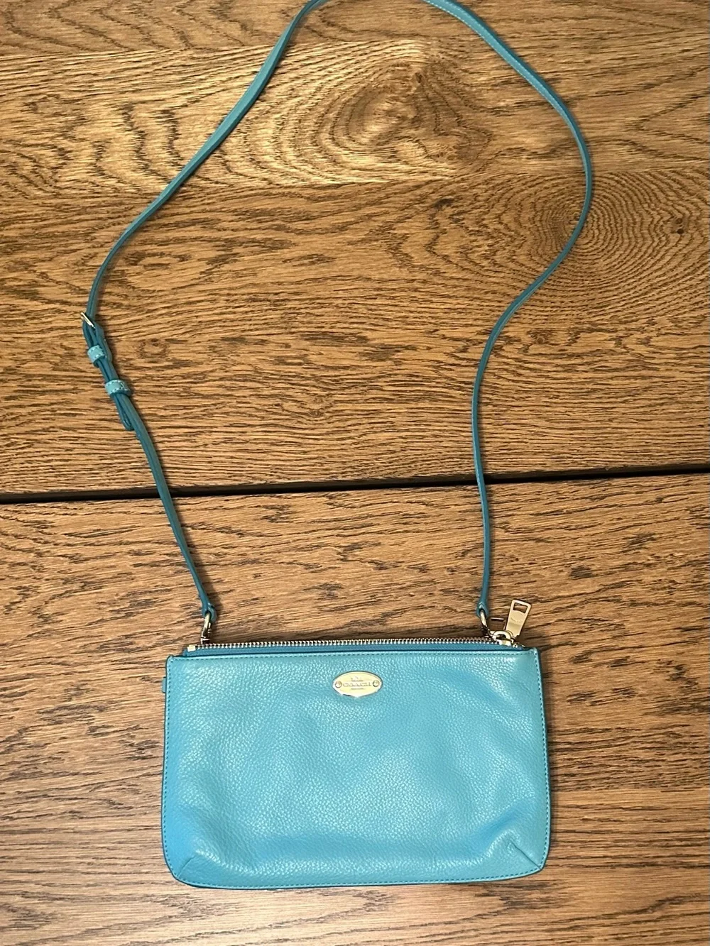 Coach Lyla Teal Pebbled Leather Double Zip Crossbody Purse